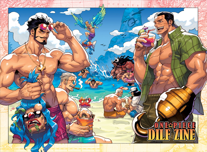 6+boys absolum_art algae armpit_hair beach beard bird black_hair blonde_hair buggy_the_clown charlotte_katakuri chips_(food) cigar cloud cloudy_sky clown_nose cocktail commentary copyright_name crab crocodile_(one_piece) cross cross_necklace cup curled_horns disembodied_head dracule_mihawk drinking_glass english_commentary facial_hair fish food gol_d._roger green_shirt hair_slicked_back hand_wings highres holding_head hook_hand horns injury jewelry kaidou_(one_piece) kinemon large_pectorals long_hair male_focus marco_(one_piece) monkey_d._garp multiple_boys muscular muscular_male mustache necklace nipples ocean one_piece open_clothes open_mouth pectorals pink-tinted_eyewear pink_hair removing_eyewear scar scar_on_chest scar_on_face seagull sengoku_(one_piece) shirt short_hair shorts sideburns sky smile smoker_(one_piece) smoking spiked_hair sunglasses teeth tinted_eyewear topless_male white_hair