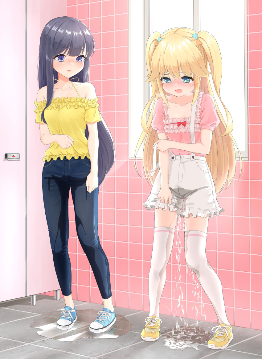 2girls absurdres aqua_eyes arm_at_side bathroom black_hair blonde_hair blue_eyes blue_footwear blue_pants blush bow breasts breath collarbone commentary_request commission cross-laced_footwear day denim door dress embarrassed flat_chest frilled_shirt frilled_shorts frills fujisawa_yuzu full_body hair_bow hair_flaps hand_up highres holding_own_arm indoors jeans long_hair misumi_aoi multiple_girls nose_blush off-shoulder_dress off_shoulder ongeki open_mouth pants pee peeing peeing_self pink_background pink_shirt puddle puffy_short_sleeves puffy_sleeves raised_eyebrows reflection shirt shirt_tucked_in shoes short_shorts short_sleeves shorts sidelocks skeb_commission small_breasts standing suspender_shorts suspenders tears thighhighs tile_floor tile_wall tiles two_side_up urabe_miyabi wet_pants white_shorts white_thighhighs window yellow_footwear yellow_shirt