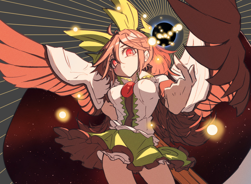 1girl arm_behind_back arm_cannon bird_wings bloomers blush bow breasts brown_hair cape closed_mouth collared_shirt commentary_request control_rod cowboy_shot expressionless frilled_skirt frills green_bow green_skirt hair_between_eyes hair_bow head_tilt highres index_finger_raised large_breasts long_bangs long_hair looking_at_viewer miniskirt red_eyes reiuji_utsuho ryouryou shirt short_sleeves skirt solo starry_sky_print sunburst sunburst_background third_eye touhou underwear weapon white_bloomers white_cape white_shirt wings