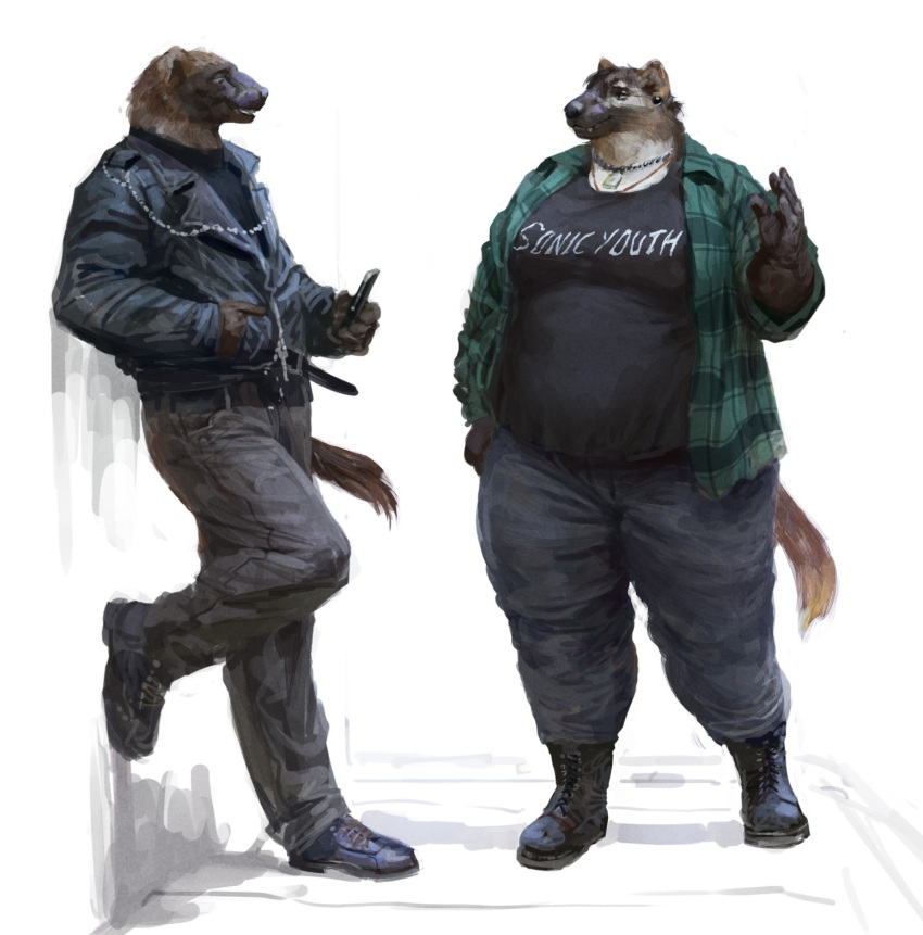2023 anthro belly belt boots bottomwear brown_body brown_fur cellphone cettus clothed clothing denim denim_clothing dialogue duo ear_piercing female footwear fully_clothed fur gulonine hand_in_pocket hi_res holding_object holding_phone jacket jeans jewelry leaning leaning_on_wall male mammal mustelid musteline necklace overweight overweight_anthro overweight_female pants phone piercing pockets punk realistic shirt shoes simple_background smartphone standing tail topwear white_background wolverine