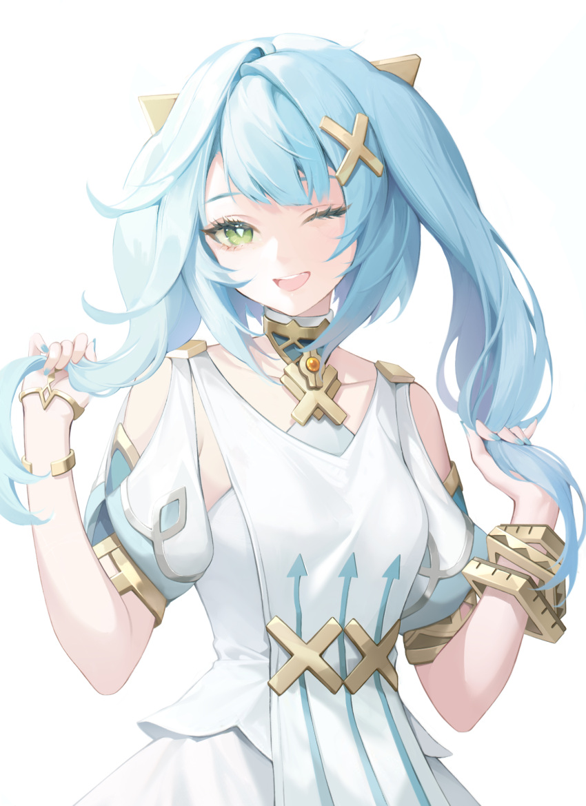 1girl ;d aqua_hair arrow_print bare_shoulders bracelet bracer breasts clothing_cutout commentary dress faruzan_(genshin_impact) genshin_impact gold_trim green_eyes hair_ornament hands_up highres holding holding_hair jewelry looking_at_viewer minzu_u nail_polish one_eye_closed open_mouth short_sleeves shoulder_cutout sidelocks simple_background small_breasts smile solo symbol-shaped_pupils teeth triangle-shaped_pupils twintails upper_body upper_teeth_only white_background white_dress x_hair_ornament