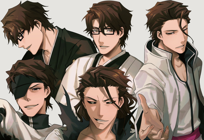 1boy absurdres aizen_sousuke asada_sadao black_kimono black_sclera bleach bleach:_the_thousand-year_blood_war brown_eyes brown_hair colored_sclera glasses grey_background hair_between_eyes haori high_collar highres japanese_clothes kimono long_sleeves multiple_persona one_eye_covered outstretched_arm profile robe sash short_hair teeth yellow_eyes