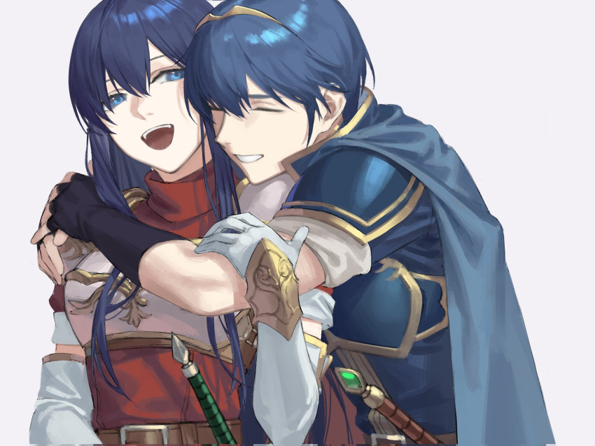 1boy 1girl armor black_gloves blue_cape blue_eyes breastplate caeda_(fire_emblem) cape closed_eyes couple elbow_gloves fire_emblem fire_emblem:_mystery_of_the_emblem gloves grin hetero highres hug hug_from_behind long_hair marth_(fire_emblem) mik_blamike open_mouth short_hair shoulder_pads smile teeth upper_body white_background white_gloves