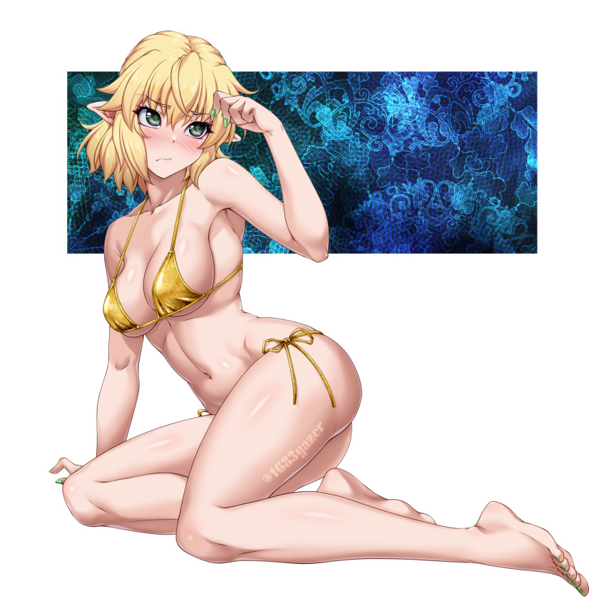 1girl alternate_costume arm_support ass bikini blonde_hair blush breasts cleavage closed_mouth collarbone gold_bikini green_eyes green_nails highres large_breasts looking_at_viewer mizuhashi_parsee navel ootsuki_wataru pointy_ears shiny_skin short_hair solo swimsuit touhou