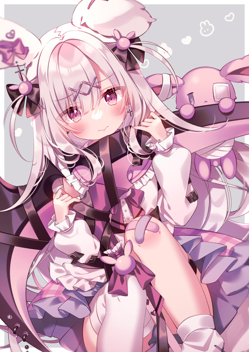 1girl animal_ears bandaid bandaid_on_knee bandaid_on_leg blush earrings grey_hair hair_ornament highres indie_virtual_youtuber jewelry long_hair mata purple_eyes rabbit_ears rabbit_girl single_loose_sock single_thighhigh solo stuffed_animal stuffed_rabbit stuffed_toy thighhighs usatama_amyu virtual_youtuber white_thighhighs x_hair_ornament