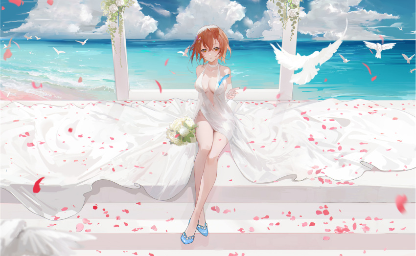 1girl beach bird blue_footwear blue_sky blush bouquet breasts brown_hair choker cleavage cloud cloudy_sky crossed_ankles crossed_bangs day dove dress full_body hair_between_eyes halter_dress halterneck holding holding_bouquet horizon index_finger_raised large_breasts legs_together long_dress looking_at_viewer misaka_mikoto no_panties ocean omone_hokoma_agm orange_eyes outdoors pillar shoes short_hair sidelocks sitting sky solo stairs thighs toaru_kagaku_no_railgun toaru_majutsu_no_index water wedding_dress white_choker white_dress