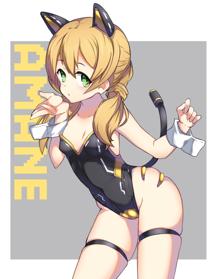 1girl animal_ears ben1shoga black_leotard blonde_hair blowing_kiss breasts cameltoe cat_ears cat_tail cleavage fake_animal_ears fake_tail green_eyes grey_background groin hand_to_own_mouth highleg highleg_leotard highres leaning_forward leotard long_hair original simple_background small_breasts solo strapless strapless_leotard tail thigh_strap thighs twintails wrist_cuffs