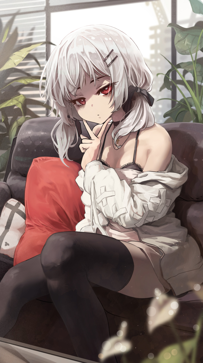 1girl black_bow black_bra black_thighhighs bow bra closed_mouth commission couch expressionless grey_hair hair_bow hair_ornament hairclip highres indoors looking_at_viewer low_twintails melaton original plant red_eyes short_hair short_twintails sitting skeb_commission solo thighhighs twintails underwear v v_over_mouth window