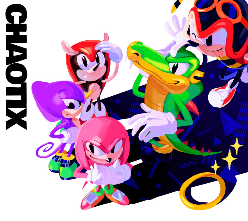 5boys absurdres animal_nose arthropod_boy black_eyes black_footwear charmy_bee closed_mouth commentary espio_the_chameleon furry furry_male gloves green_footwear highres knuckles'_chaotix knuckles_the_echidna male_focus mighty_the_armadillo multiple_boys one_eye_closed open_mouth red_footwear reptile_boy shoes simple_background smile sonic_(series) sonic_the_hedgehog_(classic) sparkle standing tail tokiwa757 tongue tongue_out vector_the_crocodile white_background white_gloves