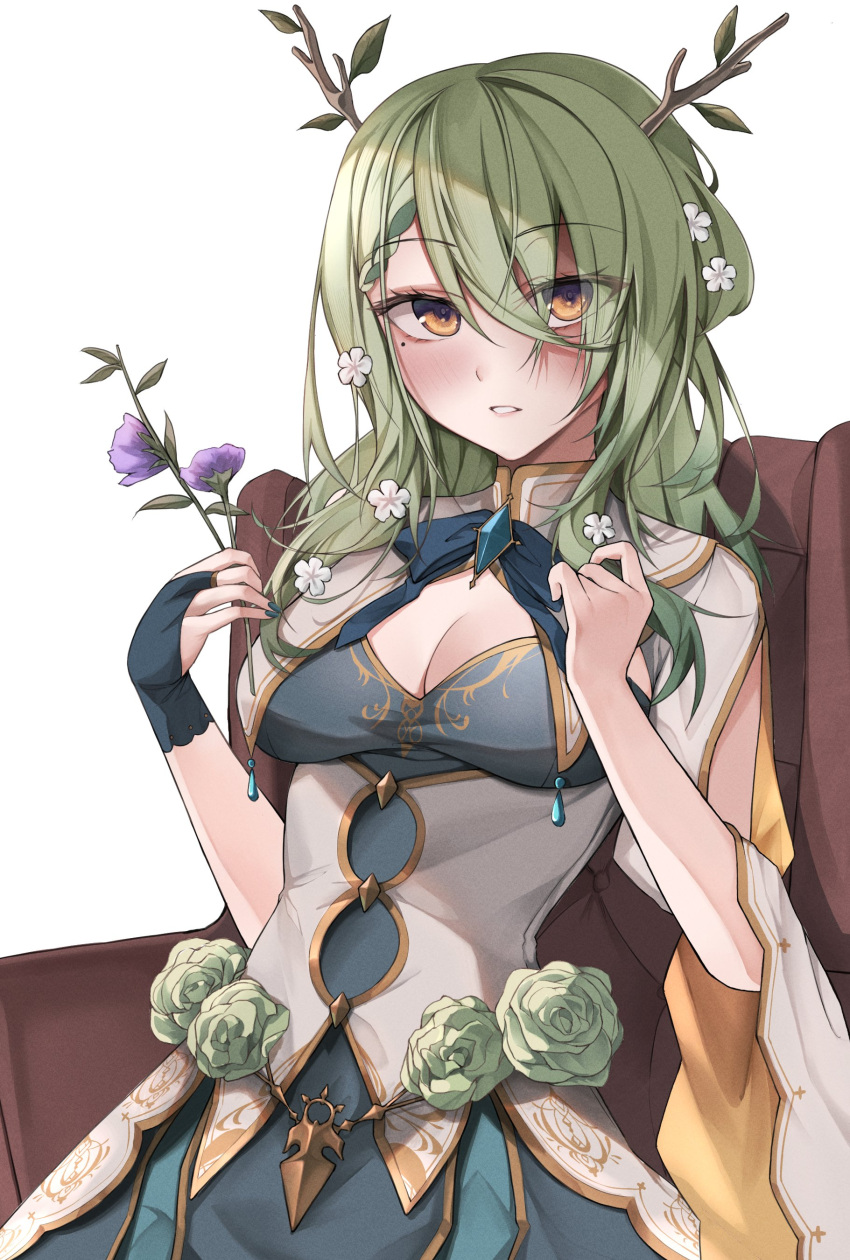 1girl absurdres antlers blush braid braided_bangs breasts ceres_fauna cleavage commentary cowboy_shot dress dress_flower fingerless_gloves flower gloves green_flower green_hair green_rose hair_flower hair_ornament highres holding holding_flower hololive hololive_english long_hair looking_at_viewer medium_breasts mole mole_under_eye multicolored_hair parted_lips rose simple_background single_fingerless_glove solo stick takida_185 virtual_youtuber white_background wide_sleeves yellow_eyes
