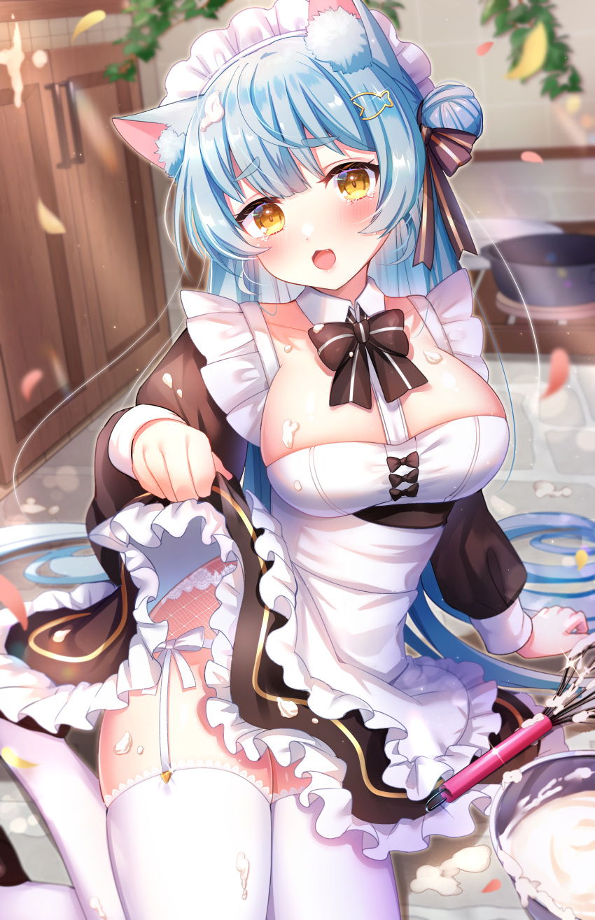 1girl absurdly_long_hair absurdres animal_ear_fluff animal_ears apron bangs black_bow black_bowtie black_dress blue_hair blush bow bowtie breasts cat_ears clothes_lift collar commentary_request dress dress_lift fang frilled_apron frilled_dress frills garter_straps glint hair_bun hair_ornament hair_ribbon highres indoors large_breasts lifted_by_self long_hair long_sleeves looking_at_viewer maid maid_apron maid_headdress mixing_bowl open_mouth original petals puffy_long_sleeves puffy_sleeves ribbon short_dress single_side_bun sitting solo tearing_up thighhighs umishima_rinta very_long_hair whisk white_collar white_garter_straps white_thighhighs yellow_eyes yokozuwari