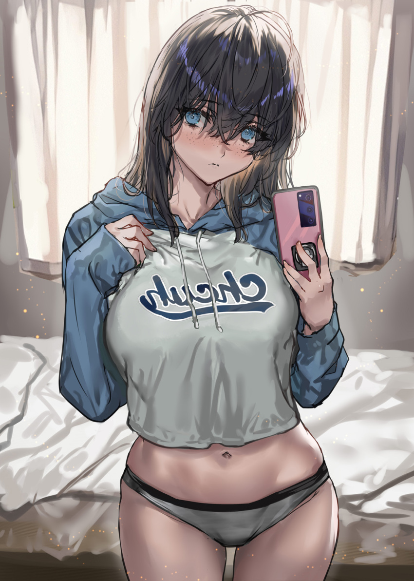 1girl black_hair blue_eyes blush cellphone closed_mouth commentary_request cowboy_shot freckles highres holding holding_phone indoors long_sleeves medium_hair navel original phone ran'ou_(tamago_no_kimi) smartphone solo sweater
