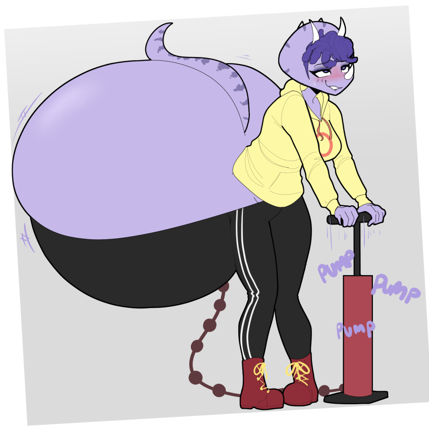 anthro big_butt bike_pump blush butt ceratopsian clothed clothing dinosaur facial_horn female goodbye_volcano_high hair hi_res hoodie horn huge_butt hyper hyper_butt inflating inflation inflation_fetish ornithischian purple_body purple_eyes purple_hair reptile scalie snoot_game_(fan_game) solo topwear triceratops trish_(gvh) unknown_artist