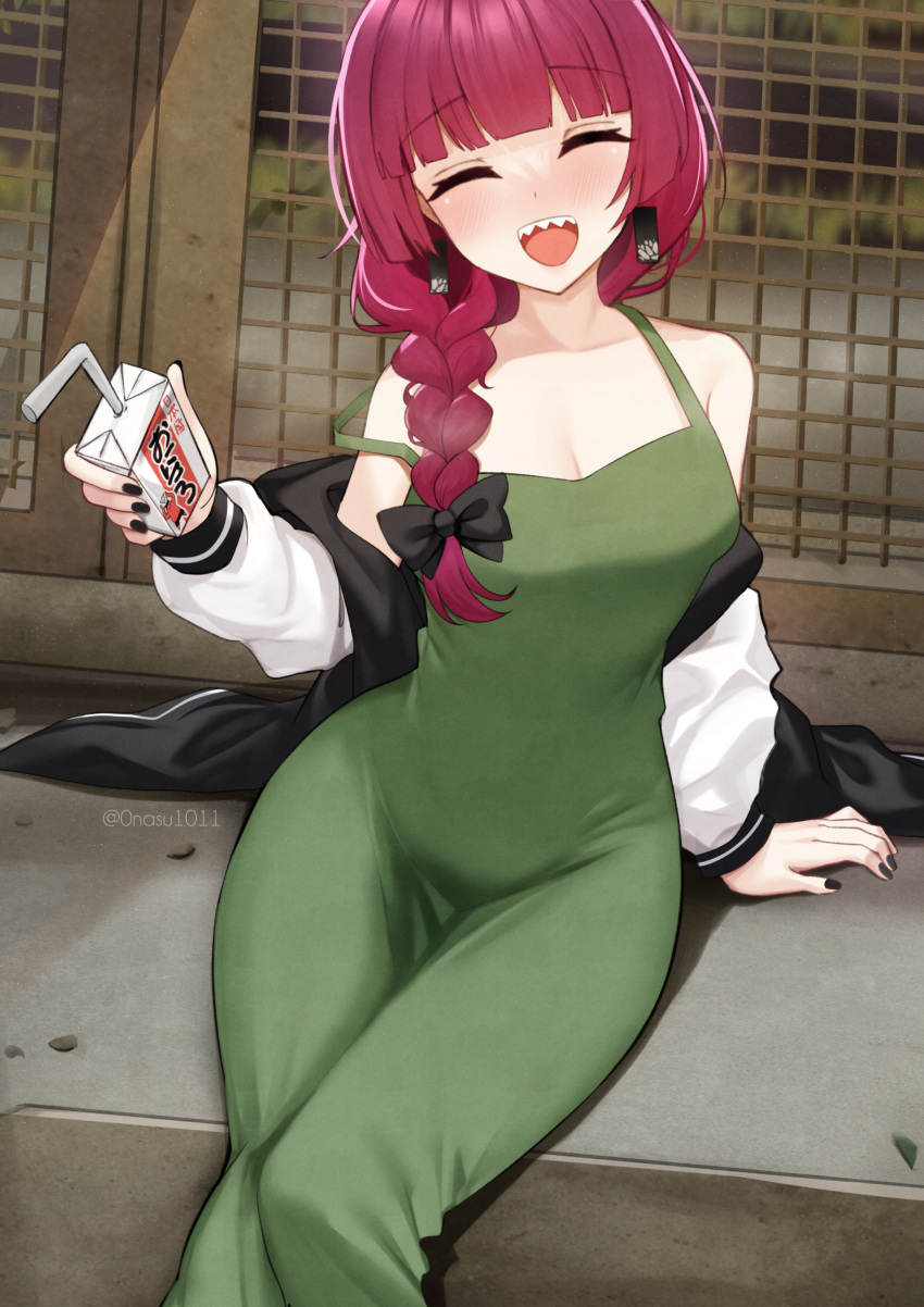 1girl ^_^ absurdres alcohol black_nails blunt_bangs blush bocchi_the_rock! braid braided_ponytail breasts cleavage closed_eyes dress earrings green_dress hair_over_shoulder highres hiroi_kikuri jewelry juice_box nassss open_mouth red_hair sake sharp_teeth smile solo strap_slip taut_clothes taut_dress teeth upper_teeth_only