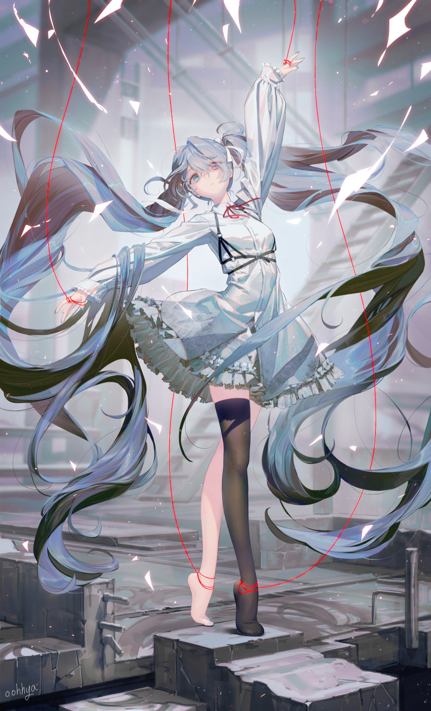 1girl 25-ji_miku 25-ji_nightcord_de._(project_sekai) absurdres aqua_eyes black_thighhighs breasts collared_dress commentary dancing dress en_pointe expressionless frilled_dress frilled_sleeves frills hair_between_eyes hatsune_miku heterochromia highres light_particles long_hair long_sleeves neck_ribbon no_shoes official_alternate_eye_color official_alternate_hair_color oohhya project_sekai purple_eyes red_ribbon ribbon short_dress sidelocks single_barefoot single_thighhigh sleeves_past_wrists small_breasts solo stairs string string_of_fate thighhighs toes twintails vocaloid