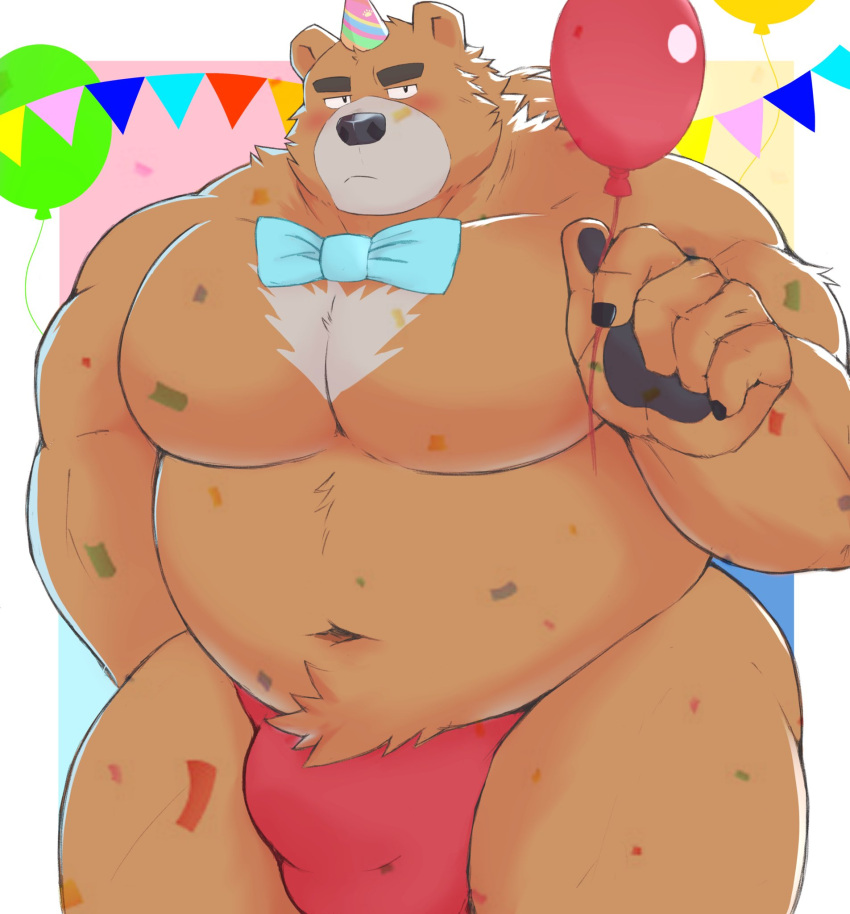 2023 anthro balloon bear belly big_belly black_nose bow_tie brown_body bulge clothing hat headgear headwear hi_res humanoid_hands inflatable kemono male mammal moobs musclegut nanntaro navel overweight overweight_male party_hat simple_background solo underwear
