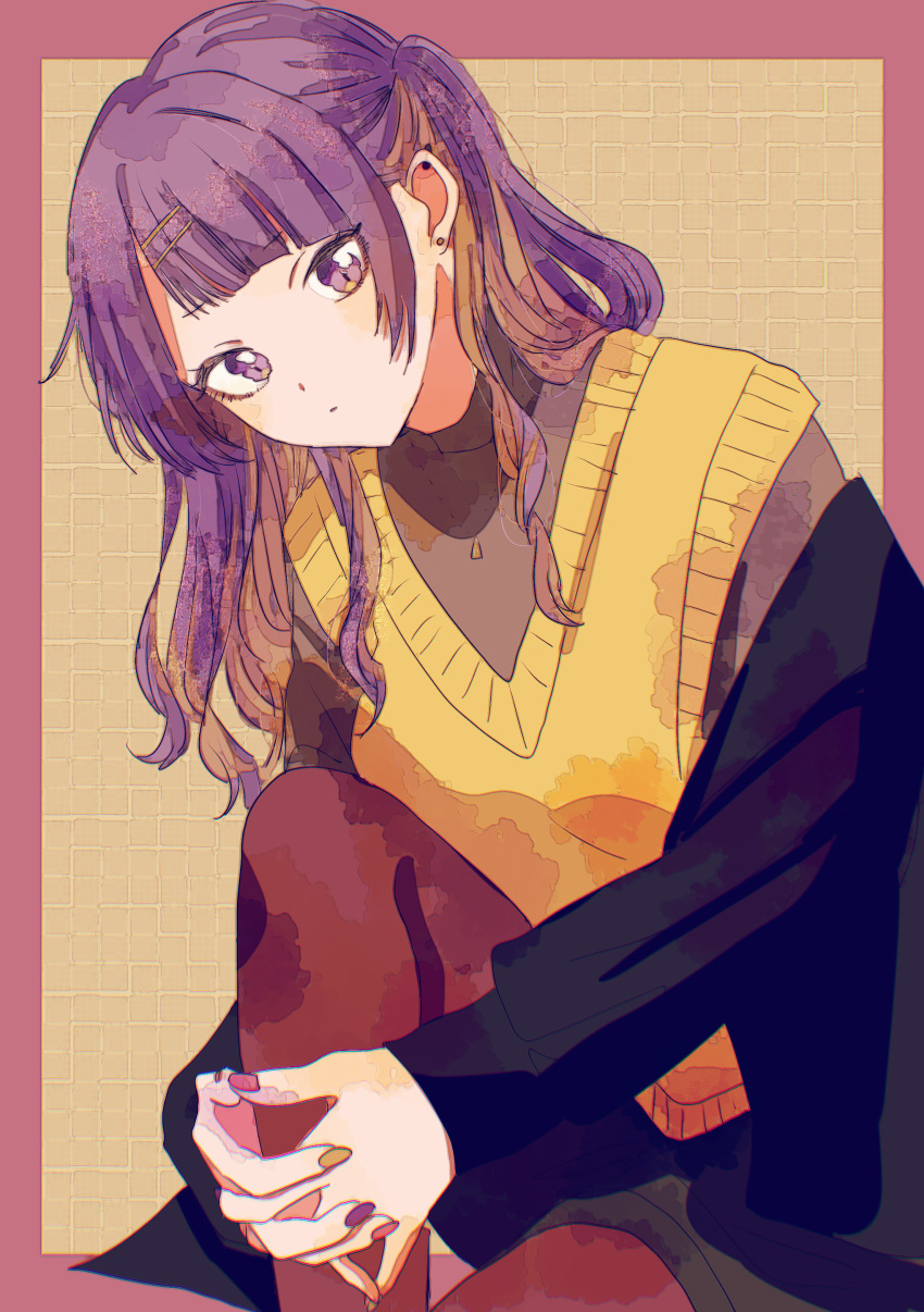 1girl absurdres black_jacket blunt_bangs fingernails grey_sweater head_tilt highres holding_own_leg idolmaster idolmaster_shiny_colors interlocked_fingers jacket looking_at_viewer multicolored_nails nail_polish own_hands_together paddy_field purple_eyes purple_hair simple_background solo sweater tanaka_mamimi two-tone_background vest yellow_vest