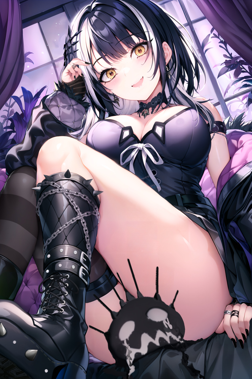 1girl :d absurdres black_footwear black_hair black_jacket black_nails boots breasts choker cleavage curtains hair_ornament highres hololive hololive_english jacket jewelry large_breasts looking_at_viewer multicolored_hair off_shoulder open_mouth ring shiori_novella single_thighhigh sitting smile solo spikes streaked_hair sugiki thighhighs thighs two-tone_hair virtual_youtuber window yellow_eyes yorick_(shiori_novella)