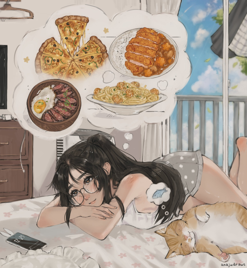 1girl :3 anajudraws animal artist_name balcony bare_shoulders bed bedroom black-framed_eyewear black_hair breasts brown_eyes cat cellphone chest_of_drawers clothes_hanger commentary crossed_arms curry curry_rice day dolphin_shorts dreaming english_commentary fish floral_print food freckles fried_egg full_body glasses gyuudon hair_between_eyes highres hungry imagining indoors katsu_(food) long_hair lying medium_breasts on_bed on_side orange_cat original parted_bangs pasta phone phone_with_ears pillow pizza polka_dot polka_dot_shorts ponytail railing rice semi-rimless_eyewear shorts shrimp sleeveless smartphone solo spaghetti tank_top television thought_bubble under-rim_eyewear white_tank_top window