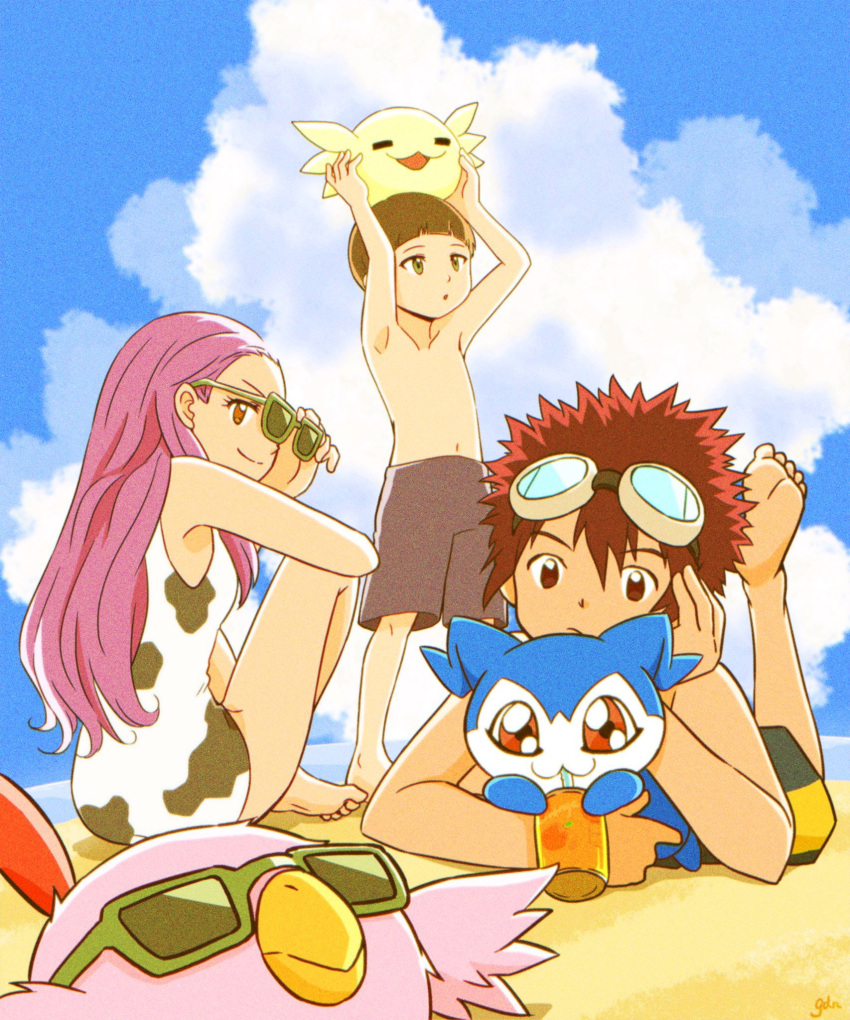 barefoot beak blue_sky chibimon cloud cloudy_sky digimon digimon_adventure_02 digimon_adventure_02:_digimon_hurricane_jouriku!!_chouzetsu_shinka!!_ougon_no_digimental drinking feet gdn0522 goggles goggles_on_head hida_iori highres inoue_miyako legs motomiya_daisuke pink_hair poromon red_eyes sand sky smile sunglasses swimsuit toes upamon