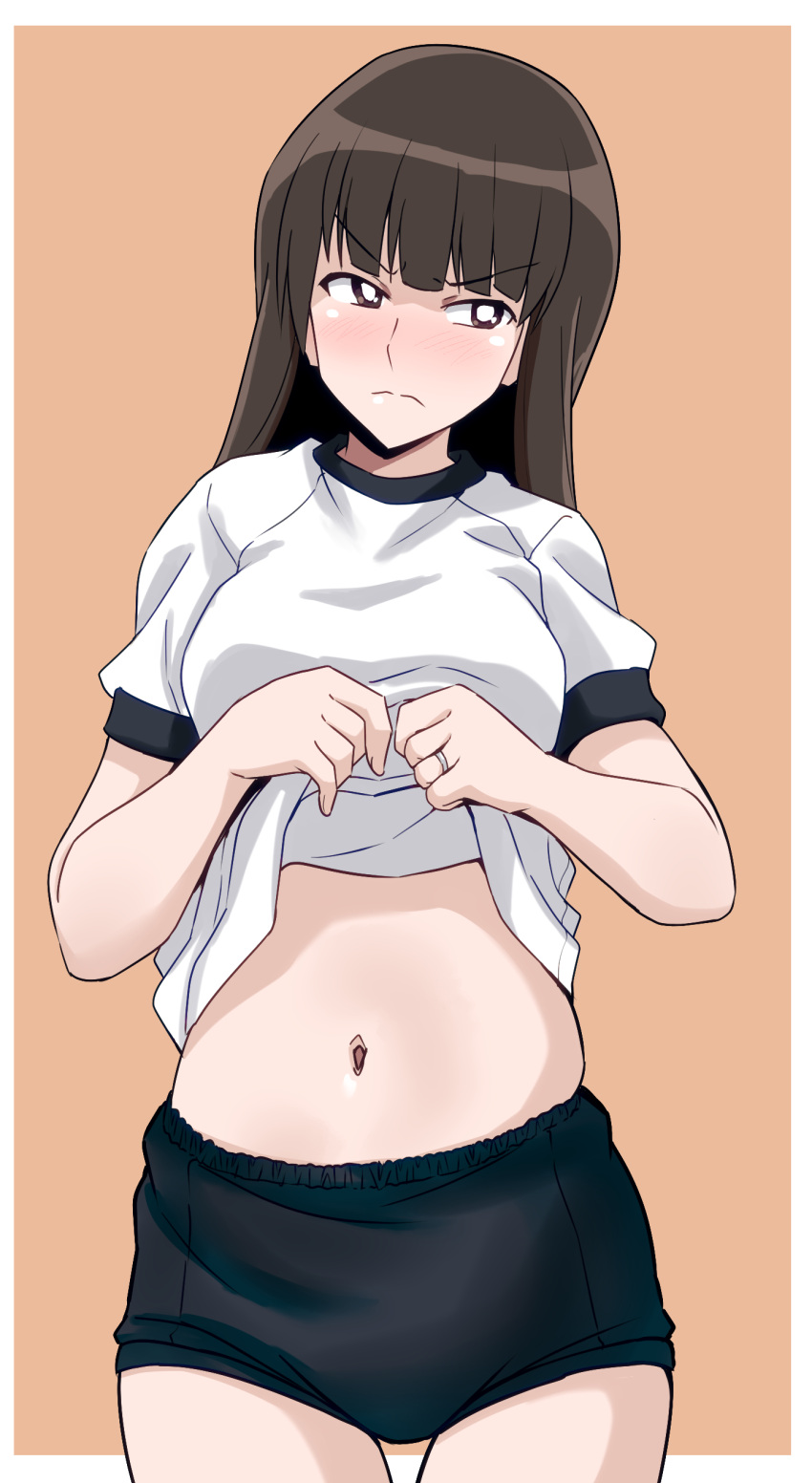 1girl absurdres black_buruma blunt_bangs blush bright_pupils brown_background brown_eyes brown_hair buruma closed_mouth clothes_lift commentary cowboy_shot frown girls_und_panzer gym_shirt gym_uniform half-closed_eyes highres jewelry lifted_by_self long_hair looking_at_viewer mature_female nishizumi_shiho ponzu_rui ring shirt shirt_lift short_sleeves solo standing straight_hair t-shirt wedding_ring white_pupils white_shirt