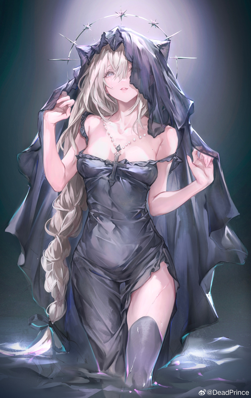 1girl absurdres bare_arms black_dress black_thighhighs blonde_hair blue_eyes breasts cross cross_necklace crying crying_with_eyes_open deadprince dress halo highres jewelry long_hair medium_breasts mole mole_under_eye necklace open_mouth original sleeveless sleeveless_dress solo strap_slip tears thighhighs veil very_long_hair