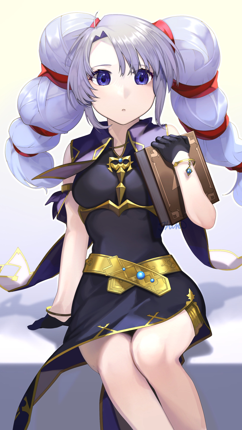 1girl absurdres black_dress black_gloves bracelet cape dress fire_emblem fire_emblem:_genealogy_of_the_holy_war gloves highres ikura_(downdexp) jewelry long_hair looking_at_viewer multi-tied_hair purple_eyes purple_hair sitting sleeveless sleeveless_dress solo tine_(fire_emblem) twintails white_background