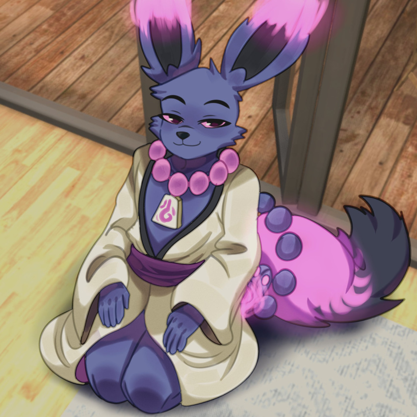 anthro asian_clothing bead_necklace belt clothing colored_sclera east_asian_clothing eevee eeveelution flaming_ears flaming_fur fur generation_1_pokemon ghost hand_on_lap hi_res izanami_(eevee) japanese_clothing justlusdoodles kimono looking_at_viewer male multicolored_body multicolored_fur nintendo pokemon pokemon_(species) sash sitting_on_knees solo spirit tail_beads talisman two_tone_body two_tone_fur