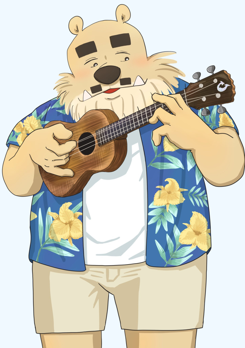 2023 anthro bear black_nose bottomwear brown_body clothing cute_fangs hi_res kemono lute male mammal musical_instrument panda_po plucked_string_instrument shirt shorts simple_background solo string_instrument topwear ukulele