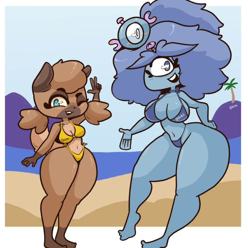 absurd_res anthro beach big_breasts bikini blue_hair breasts brown_body canid canine canis clothing digital_media_(artwork) diicks duo feet female female/female generation_1_pokemon generation_7_pokemon hair hi_res koi_(carrot_kiss) looking_at_viewer magnemite mammal navel nintendo open_mouth outside petra_(carrot_kiss) pokemon pokemon_(species) rockruff sand seaside shaded smile swimwear thick_thighs wide_hips