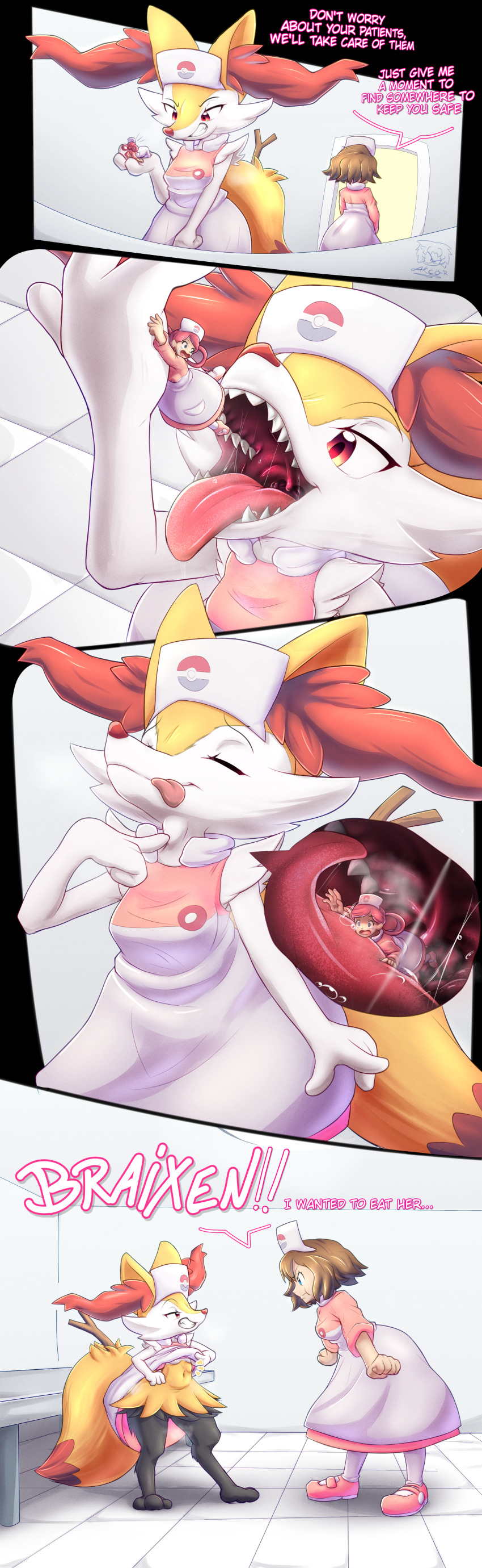 abdominal_bulge absurd_res akcar anthro anthro_pred braixen breasts clothed clothing comic dress evil_grin extreme_size_difference female female_pred female_prey gaping_mouth generation_6_pokemon hat headgear headwear hi_res human human_prey inner_ear_fluff inside_mouth larger_anthro larger_female larger_human looking_down mammal micro micro_prey mouth_shot naughty_face navel neck_bulge nintendo nurse nurse_clothing nurse_hat nurse_headwear nurse_joy nurse_uniform open_mouth oral_vore pokemon pokemon_(species) presenting_belly puffed_cheeks raised_clothing red_nose serena_(pokemon) size_difference smaller_female smaller_human smile swallowing tongue tongue_out tuft under_boob uniform uvula vore