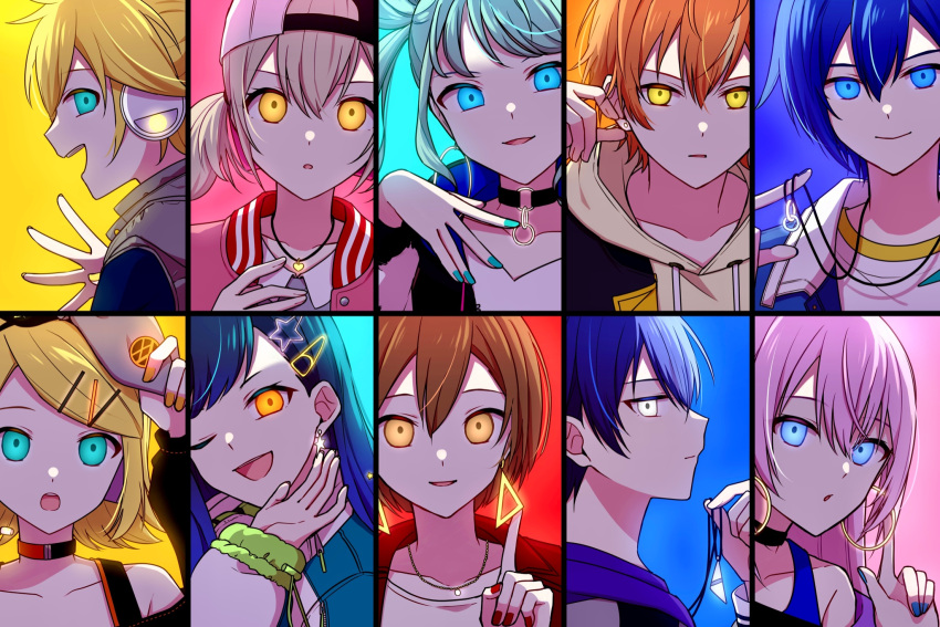 4boys 6+girls aoyagi_touya aqua_eyes aqua_nails azusawa_kohane baseball_cap black_choker black_hair blonde_hair blue_eyes blue_hair blue_nails brown_eyes brown_hair choker closed_mouth commentary dark_blue_hair drawstring earrings english_commentary fingernails gradient_background green_hair grey_eyes hair_between_eyes hair_ornament hairclip hat hatsune_miku headphones heart heart_necklace highres holding hood hood_down hoodie hoop_earrings index_finger_raised jewelry kagamine_len kagamine_rin kaito_(vocaloid) long_hair long_sleeves looking_at_viewer megurine_luka meiko_(vocaloid) multicolored_hair multiple_boys multiple_girls multiple_hairpins necklace one_eye_closed open_mouth orange_eyes orange_hair parted_bangs pink_hair project_sekai red_nails shinonome_akito shiraishi_an short_hair short_twintails sideways_glance star_(symbol) star_earrings streaked_hair stud_earrings teneko02 triangle_earrings twintails two-tone_hair vivid_bad_squad_(project_sekai) vivid_bad_squad_kaito vivid_bad_squad_len vivid_bad_squad_luka vivid_bad_squad_meiko vivid_bad_squad_miku vivid_bad_squad_rin vocaloid yellow_eyes yellow_hoodie