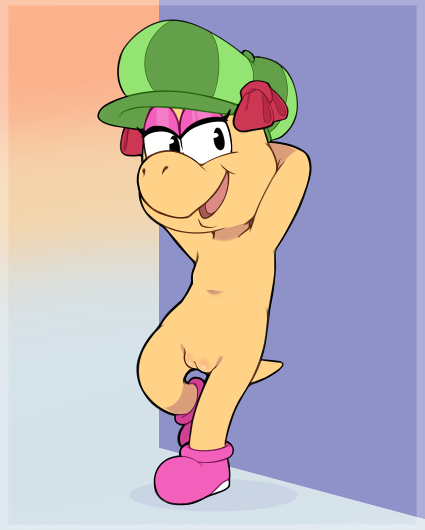 anthro bare_chest clothed clothing female footwear genitals hat headgear headwear hi_res kylie_koopa mario_and_luigi_(series) mario_bros nintendo partially_clothed pinup porldraws pose pussy shoes simple_background solo