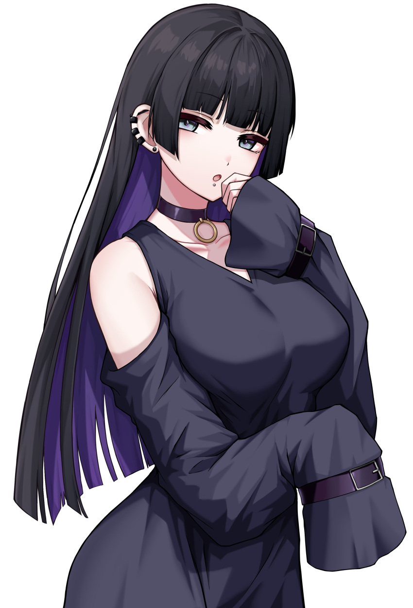 1girl absurdres black_choker black_hair blunt_bangs bocchi_the_rock! breasts chin_piercing choker clothing_cutout colored_inner_hair commentary dress ear_piercing highres kushinaka large_breasts long_hair multicolored_hair pa-san piercing purple_hair shoulder_cutout sleeves_past_fingers sleeves_past_wrists solo two-tone white_background
