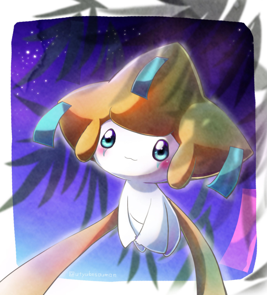 :3 blue_eyes blush border creature highres jirachi night no_humans pokemon pokemon_(creature) solo soumon star_(sky) tanabata tanzaku twitter_username white_border