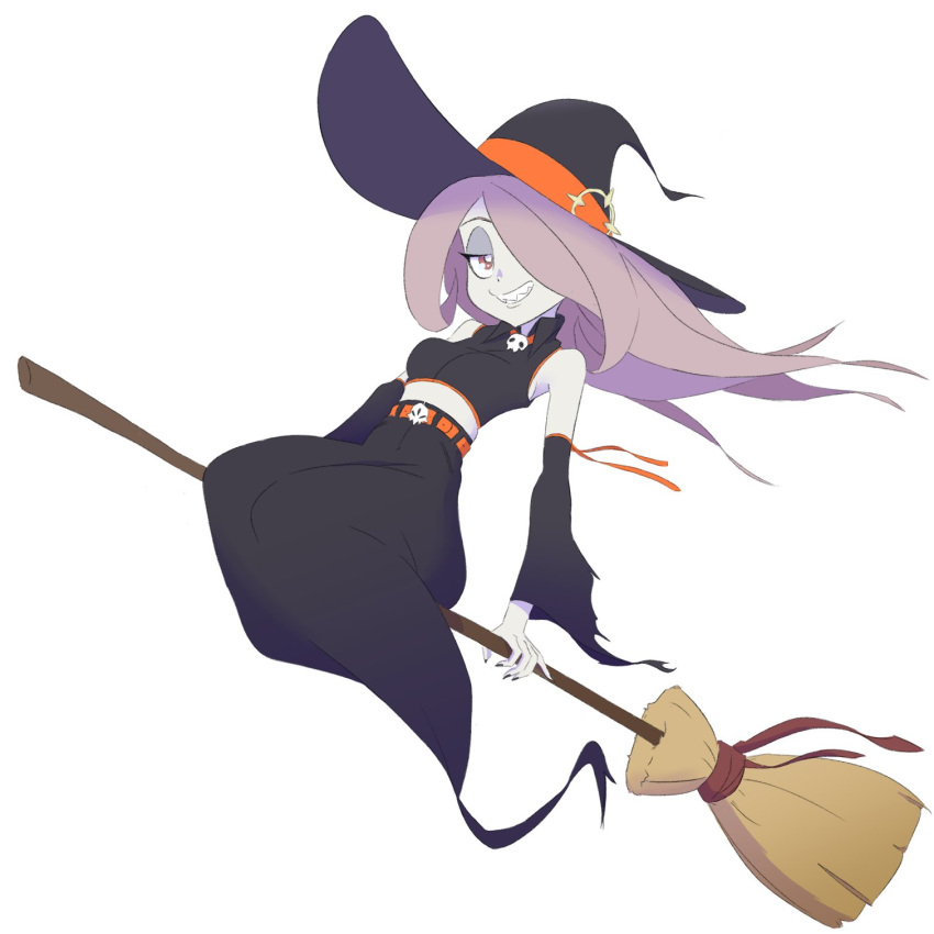 1girl bare_shoulders black_headwear black_nails black_skirt broom broom_riding commentary detached_sleeves english_commentary full_body grin hat hat_ribbon highres little_witch_academia long_hair long_skirt midriff nail_polish piczez purple_hair ribbon sharp_teeth shirt simple_background skirt sleeveless sleeveless_shirt smile solo sucy_manbavaran teeth white_background witch