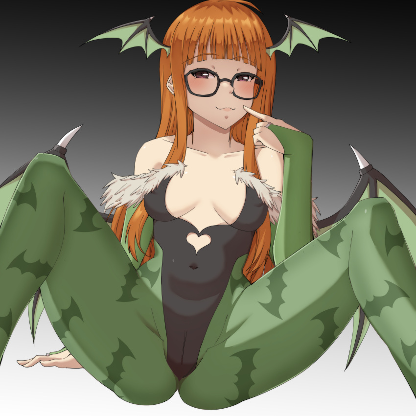 1girl :3 absurdres adapted_costume ahoge alternate_color animal_print bare_shoulders bat_print bat_wings black_leotard blunt_bangs bridal_gauntlets cameltoe closed_mouth clothing_cutout collarbone cosplay covered_navel demon_girl demon_wings fur_trim glasses green_pantyhose halloween halloween_costume hand_up head_wings heart_cutout highres index_finger_raised leotard long_hair looking_at_viewer lucky_zero m_legs morrigan_aensland morrigan_aensland_(cosplay) orange_hair pantyhose persona persona_5 purple_eyes sakura_futaba sitting solo spread_legs vampire_(game) very_long_hair wings