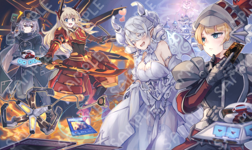 armor blonde_hair blue_eyes blush bodysuit breastplate breasts card cleavage covered_navel deck_of_cards demon_girl demon_horns demon_wings dress duel_disk duel_monster gloves grey_eyes grey_hair helmet highres holding holding_card holding_sword holding_weapon horns knight knight_(yu-gi-oh!) large_breasts long_hair lovely_labrynth_of_the_silver_castle low_wings mechanical_wings multiple_girls multiple_wings open_mouth pipu_012 plume pointy_ears power_armor sample_watermark short_hair sky_striker_ace_-_kagari sky_striker_ace_-_raye sky_striker_ace_-_roze smile spread_cleavage sword transparent_wings twintails watermark weapon white_hair white_horns wings yu-gi-oh!