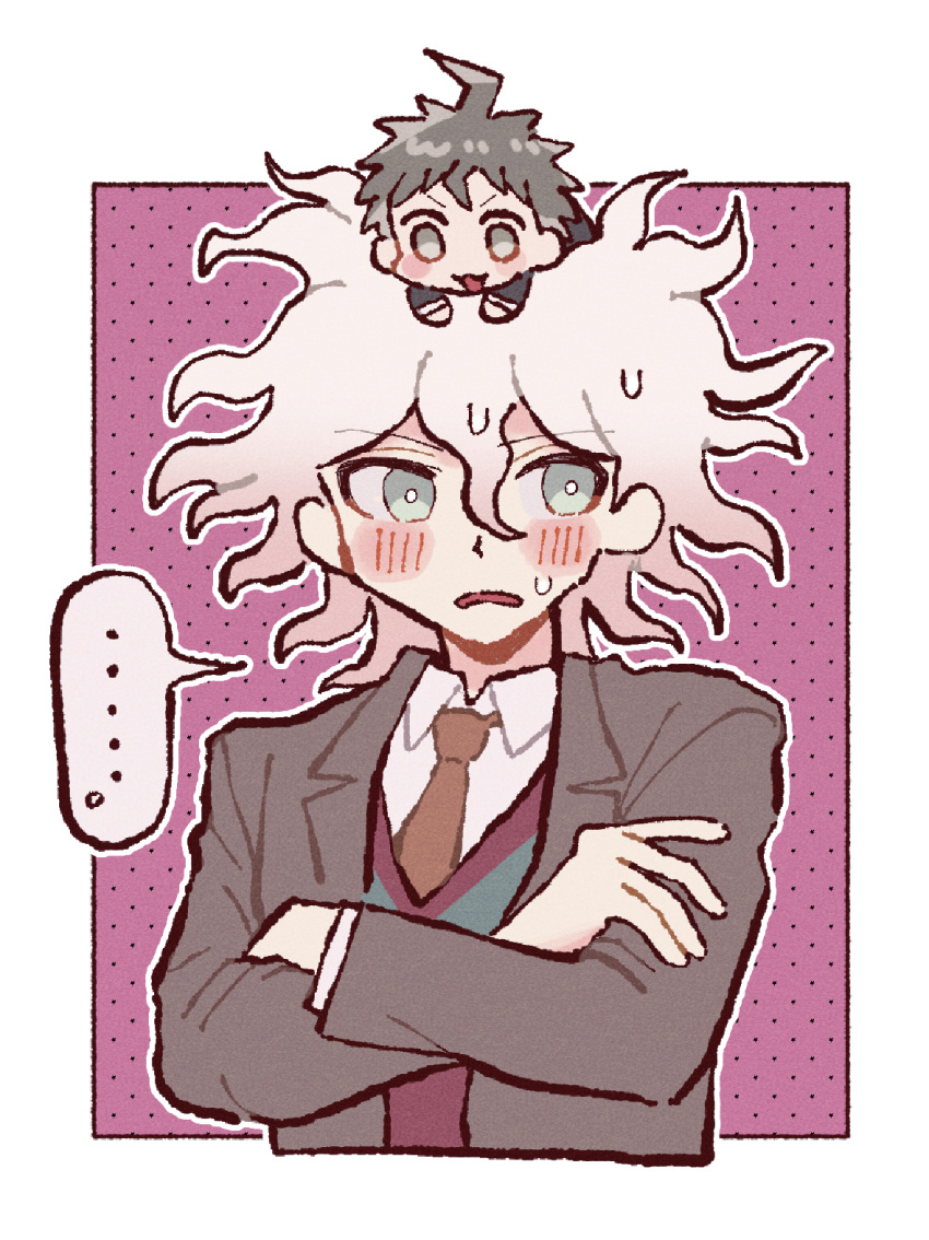 ... 2boys 30en_(esx5g) :d ahoge blush collared_shirt cropped_torso d: danganronpa_(series) danganronpa_3_(anime) gradient_hair grey_shirt highres hinata_hajime hope's_peak_academy_school_uniform komaeda_nagito long_sleeves messy_hair multicolored_hair multiple_boys open_mouth outline school_uniform shirt smile speech_bubble spoken_ellipsis sweat upper_body vest white_outline white_shirt