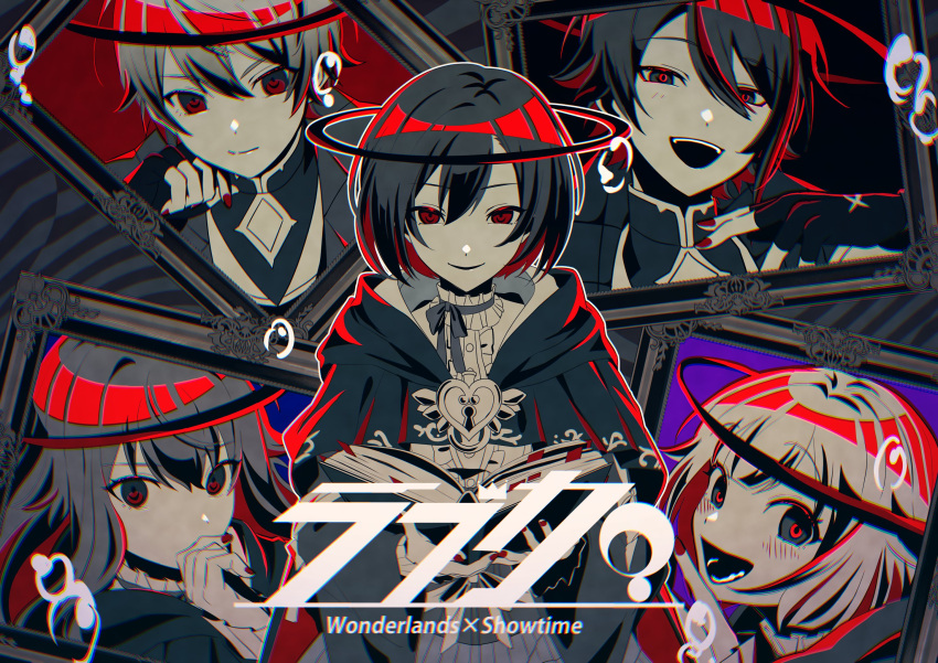 25-ji_meiko 2boys 3girls black_gloves boku_no_ashiato_kimi_no_yukusaki_(project_sekai) cape fingerless_gloves gloves grey_cape grey_eyes grey_ribbon halo highres kamishiro_rui kusanagi_nene lock looking_at_viewer love_ka?_(vocaloid) meiko_(vocaloid) monochrome multicolored_hair multiple_boys multiple_girls neck_ribbon ootori_emu open_mouth project_sekai red_eyes red_nails ribbon shirt short_hair smile streaked_hair taro14_tea tenma_tsukasa upper_body vocaloid white_shirt wonderlands_x_showtime_(project_sekai)