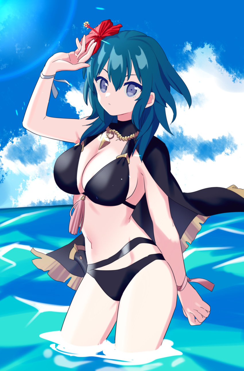 1girl arm_up bikini black_bikini blue_eyes blue_hair breasts byleth_(female)_(fire_emblem) byleth_(fire_emblem) cleavage fire_emblem fire_emblem:_three_houses fire_emblem_heroes flower gold_necklace hair_flower hair_ornament hibiscus highres in_water jewelry jiitarou large_breasts looking_at_viewer medium_hair midriff necklace official_alternate_costume red_flower solo swimsuit