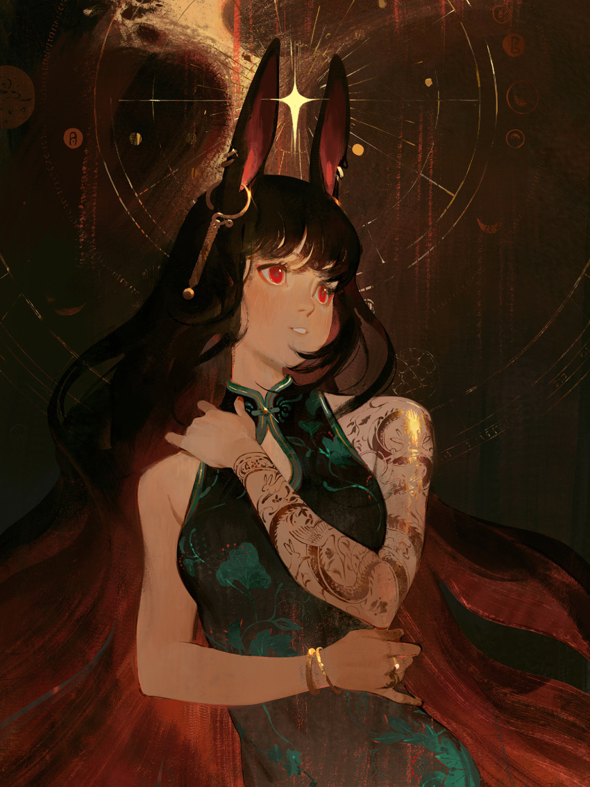 1girl animal_ears arm_tattoo bare_shoulders black_hair blunt_bangs blush bracelet breasts china_dress chinese_clothes cleavage_cutout clothing_cutout colored_inner_hair commentary dress earrings english_commentary green_dress hand_on_own_shoulder hand_up highres jewelry long_hair looking_away looking_to_the_side magic_circle moon_phases multicolored_hair original parted_lips pinky_out pixiescout rabbit_ears rabbit_girl red_eyes red_hair ring sleeveless sleeveless_dress solo sparkle tattoo tight_clothes tight_dress two-tone_hair upper_body very_long_hair