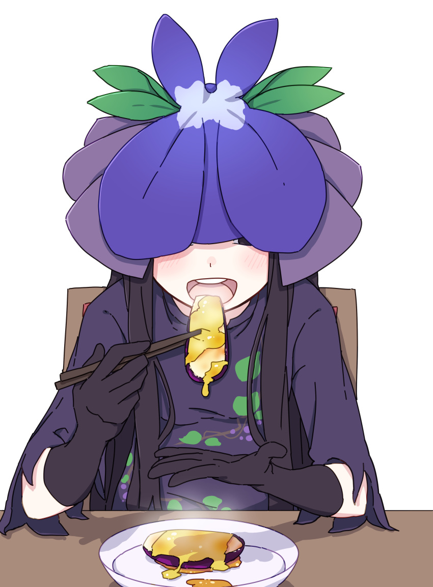 1girl absurdres black_gloves black_hair blush cheese chopsticks dress eggplant flower flower_on_head food gloves highres holding holding_chopsticks kame_(kamepan44231) long_hair open_mouth purple_dress purple_flower short_sleeves simple_background smile solo teeth touhou upper_teeth_only white_background yomotsu_hisami