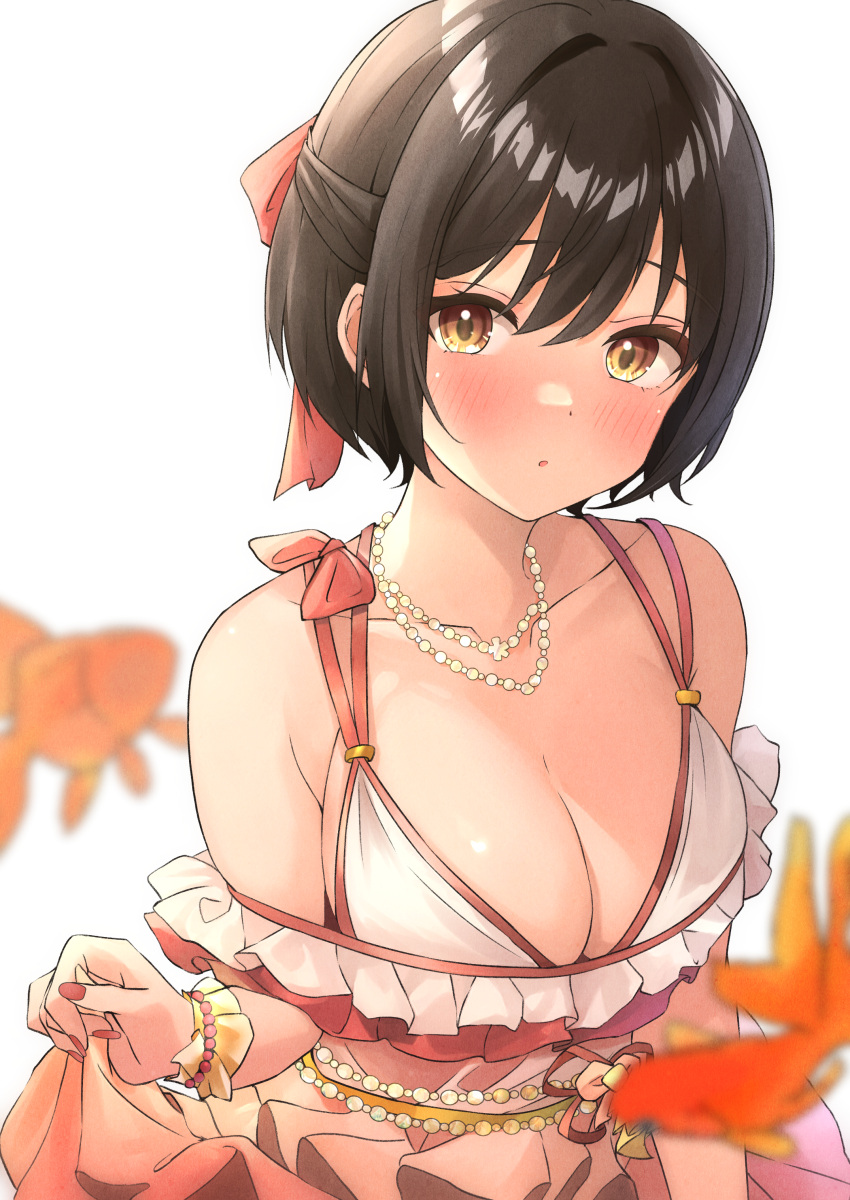 1girl absurdres armpit_crease b1ack_illust black_hair blurry blurry_foreground blush breasts cleavage collarbone commentary commission depth_of_field fingernails fish floating goldfish highres idolmaster idolmaster_cinderella_girls jewelry large_breasts looking_at_viewer nail_polish necklace pixiv_commission short_hair simple_background skirt_hold solo takafuji_kako upper_body white_background