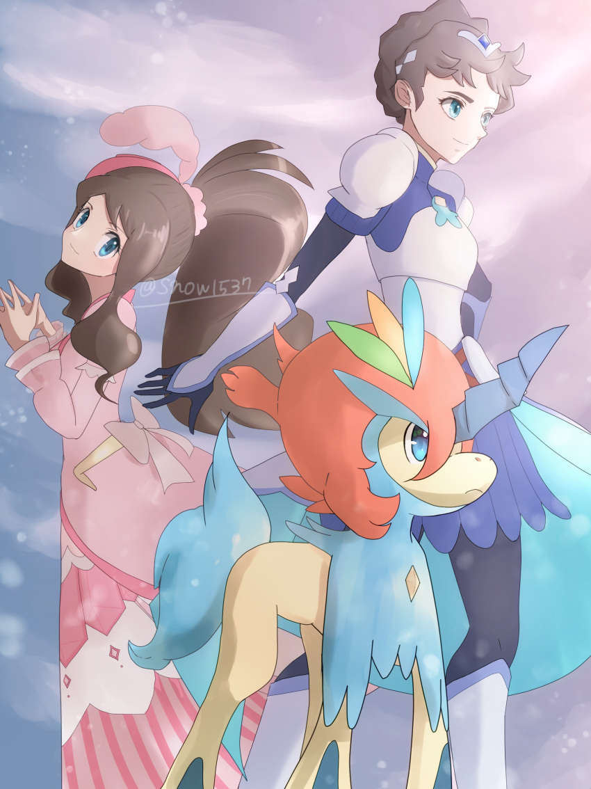 2girls aqua_eyes armor blue_skirt breastplate brown_hair closed_mouth commentary_request day diantha_(pokemon) diantha_(special_costume)_(pokemon) dress eyelashes from_side gloves hands_up highres hilda_(pokemon) hilda_(special_costume)_(pokemon) keldeo long_hair long_sleeves multiple_girls official_alternate_costume outdoors pink_dress pokemon pokemon_(creature) pokemon_(game) pokemon_masters_ex ponytail short_hair shoulder_armor sidelocks skirt smile snow_(ffgf7255) twitter_username watermark