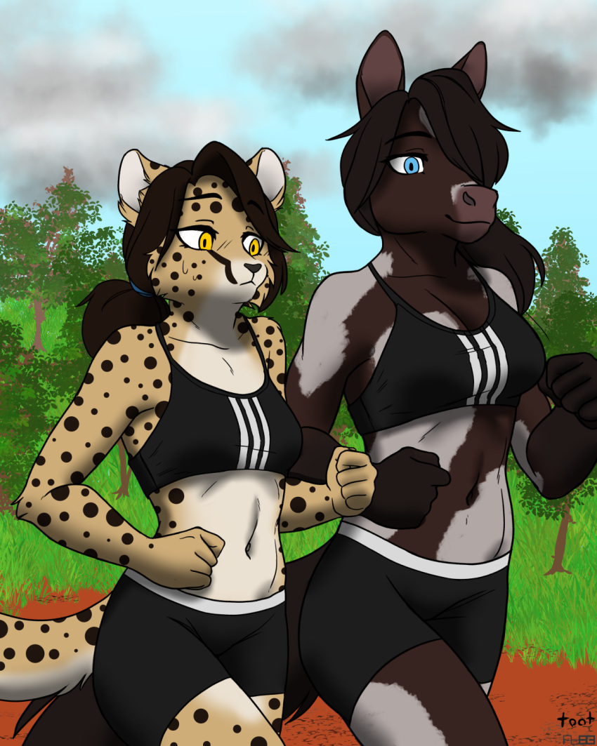 anthro black_bottomwear black_clothing black_shorts black_topwear blue_eyes bottomwear bra breast_size_difference breasts brown_body brown_fur brown_hair cheek_tuft cheetah clothed clothing cloud colored day duo equid equine facial_tuft felid feline female foxboy83 fur hair hi_res horse ibecka_(tootaloo) mammal medium_breasts midriff navel outside plant portrait running sashi_(tootaloo) shorts sky small_breasts sports_bra spots spotted_body spotted_fur tan_body tan_fur three-quarter_portrait tied_hair tootaloo topwear tree tuft underwear white_body white_fur yellow_eyes