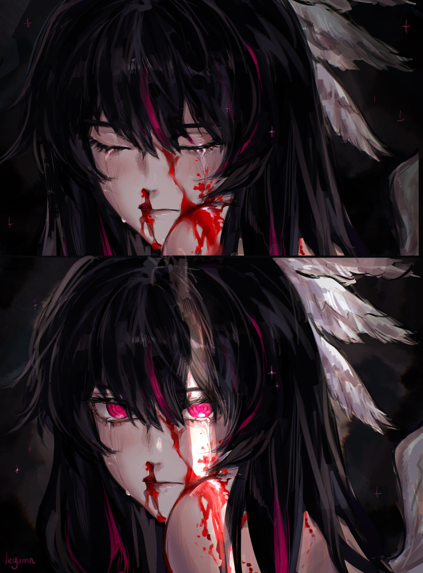 1girl absurdres artist_name black_hair bleeding blood blood_on_face closed_eyes columbina_(genshin_impact) crying genshin_impact hair_between_eyes hair_wings head_wings highres izyumn long_hair looking_at_viewer multicolored_hair no_mask nosebleed red_eyes solo tears wings