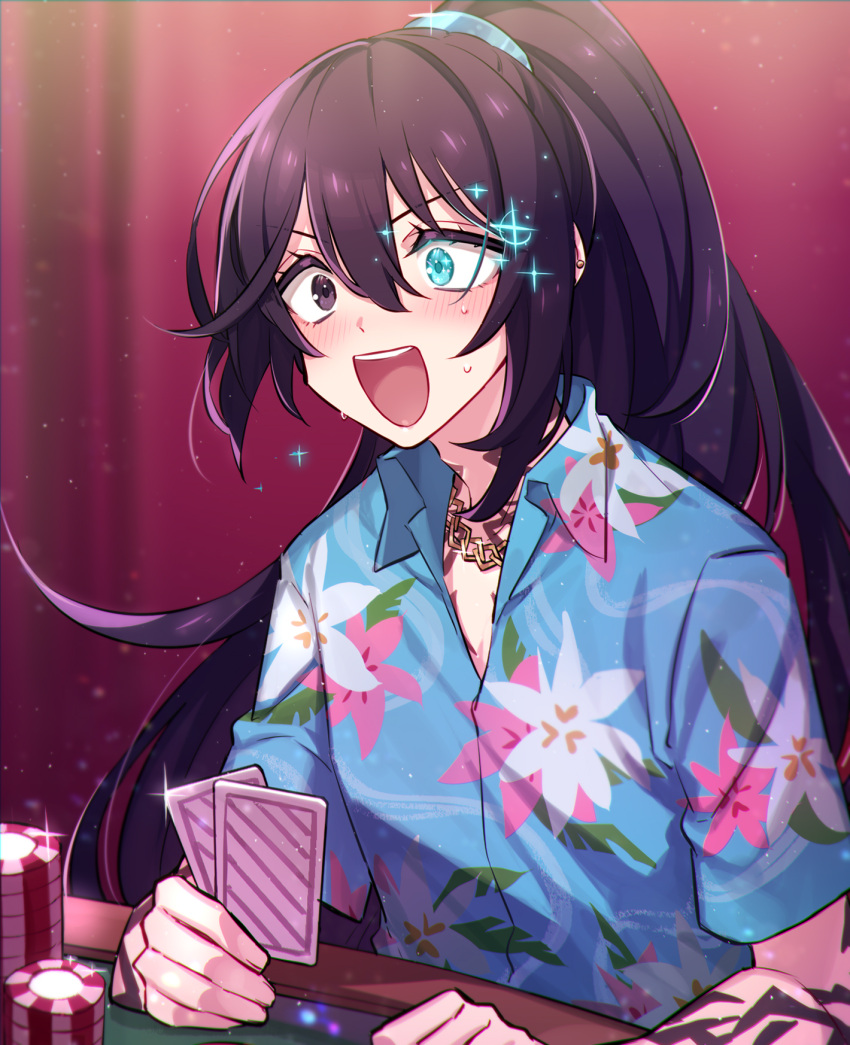 1boy black_eyes blue_eyes blue_hair blue_shirt blush card casino collared_shirt gambling hawaiian_shirt high_ponytail highres hong_lu_(limbus_company) jewelry limbus_company long_hair necklace open_mouth playing_card poker_chip project_moon shiki_(shikki46) shirt short_sleeves smile solo sparkle sweat very_long_hair