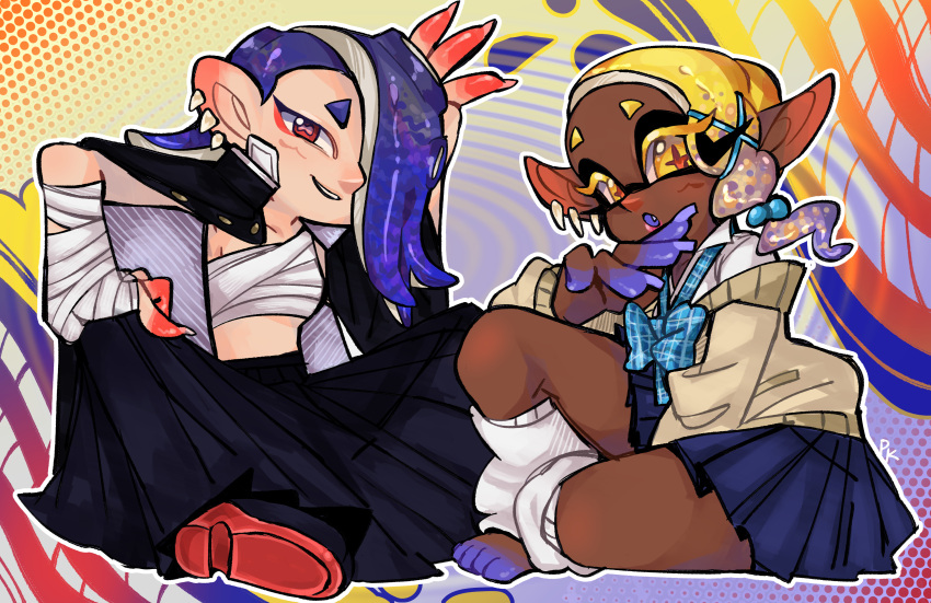 2girls absurdres alternate_costume barefoot blonde_hair blue_hair cephalopod_eyes chest_sarashi commentary cross-shaped_pupils dark-skinned_female dark_skin delinquent ear_piercing frye_(splatoon) gyaru hair_ornament hair_over_one_eye hand_wraps highres indian_style jacket jacket_on_shoulders long_skirt loose_socks miniskirt multiple_girls pcktknife piercing pleated_skirt pointy_ears red_eyes sarashi school_uniform shiver_(splatoon) sitting skirt smile socks splatoon_(series) splatoon_3 sukeban symbol-shaped_pupils tentacle_hair very_dark_skin wariza x_hair_ornament yellow_eyes