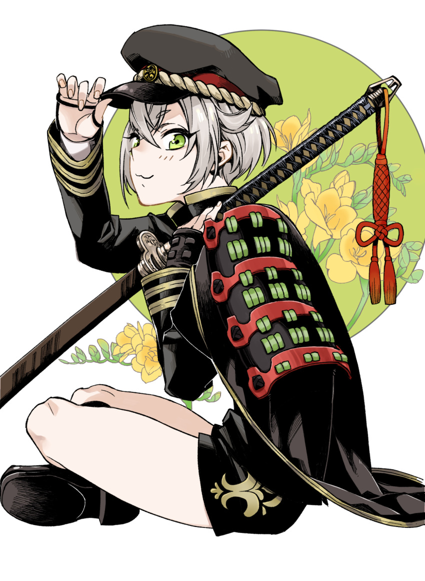 1boy :3 adjusting_clothes adjusting_headwear armor black_footwear black_shorts flower hat highres holding holding_sword holding_weapon hotarumaru japanese_armor male_focus military_hat name_connection nanami_(fuku) object_namesake ootachi short_hair shorts shoulder_armor sitting solo sword touken_ranbu weapon yellow_flower